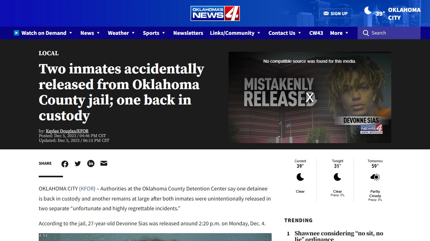 Two inmates accidentally released from Oklahoma County jail; one back ...